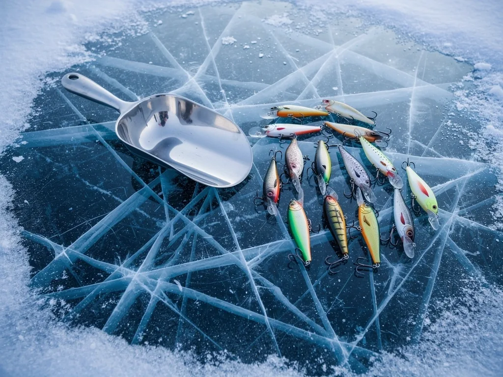 Arctic fishing equipment in ice