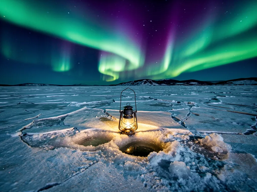 Arctic night fishing under the aurora